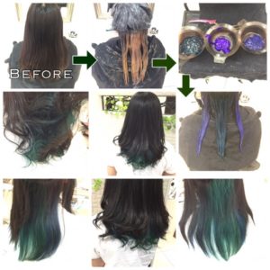 インナーカラー"グリーン×ブルー"にマットアッシュグレーが輝く【きょうかさん】の髪@大阪