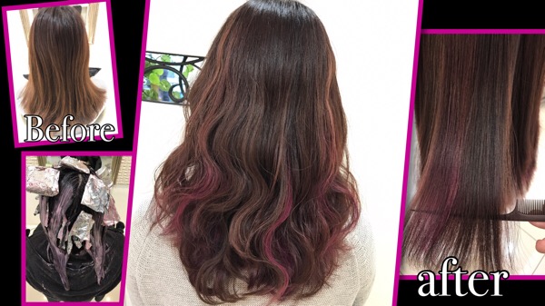 大阪でピンクのハイライト×#ベリーピンクの組み合わせが可愛すぎるお洒落カラー【さやかさん】の髪