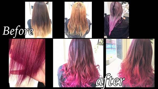 濃厚ピンクパープルからのカラーバターを使った鮮やかピンクのグラデーションカラー【きょうかさん】の髪