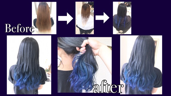 大阪でアールブリーチを使った青のブルーグラデーションカラー【きょうかさん】の髪