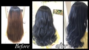 青みがかった暗めのブルーアッシュでお洒落な黒髪女子に!【かなさん】の髪