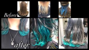 黒髪から透明感のあるアッシュグレー×ターコイズブルーのインナーカラーにするプロセスvol.2【みなみさん】の髪