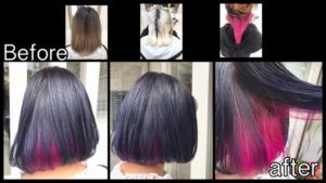 ハイブリーチからの濃厚バイオレットブルーとピンクのインナーカラー【まきさん】の髪