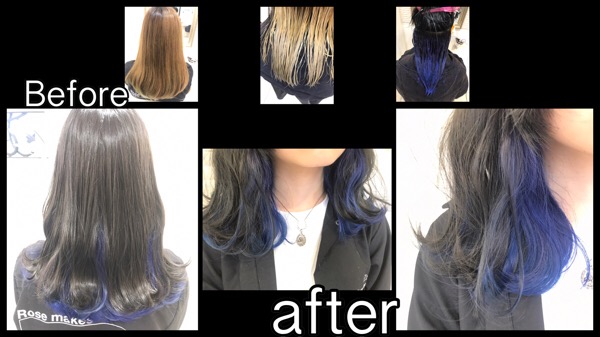大阪でブルーのインナーカラーと濃厚スモークグレーのコラボレーション【みなみさん】の髪