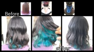 大阪でターコイズブルーのインナーカラーがお洒落なデザインカラー【かえでさん】の髪