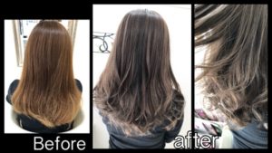 大阪でスモークミルクグレージュのナチュラルグラデーションカラーで外国人風カラー【さやかさん】の髪