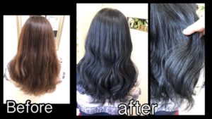 大阪で濃いめなブルーグレーでお洒落な暗髪【みずほさん】の髪