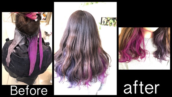 大阪でバイオレットとピンクのインナーカラーとミルクグレージュのお洒落カラー【りささん】の髪