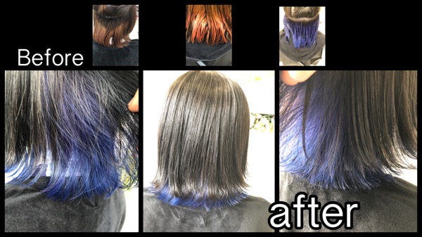 大阪で赤味の強い状態からブルーのインナーカラーを再現するにはブリーチと青の染め方が重要！【ゆりえさん】の髪