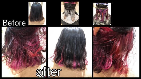 大阪で濃厚なレッドとピンクとパープルのインナーカラーがお洒落なデザインカラー【わかなさん】の髪