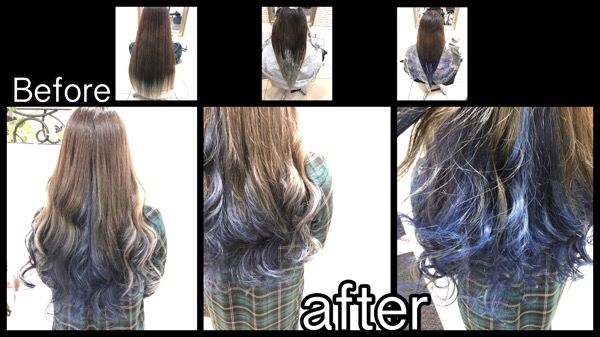大阪でブルーのインナーカラーとグラデーションカラーのコラボデザインカラー【ちづるさん】の髪