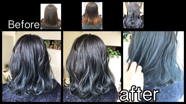 大阪で黒髪からの濃厚ブルーカラーのグラデーションにする方法 きょうこさん の髪