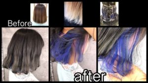 大阪でブルーとホワイトのインナーカラーと濃厚グレージュ【かえでさん】の髪