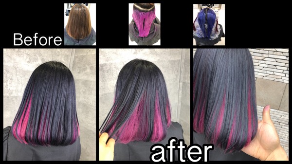大阪で鮮やかさと濃厚さが合わさったお洒落なネイビーブルーとピンクのインナーカラーはこれだ！【まいさん】の髪