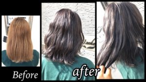 大阪で退色が黄色っぽくならない透明感をキープできる濃厚グレージュ【まほさん】の髪