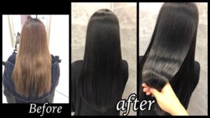 大阪でアールカラー|赤味のない黒染めベースの濃厚グレーな黒髪ヘア【ゆきのさん】の髪