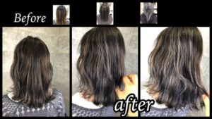 大阪でバレイヤージュ風アールハイライトでシルバーグレージュの外国人風カラー【ゆりさん】の髪