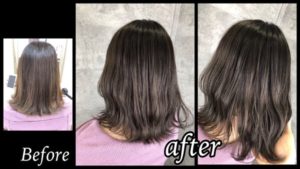 アールシステムでスモークミルクグレージュを再現する赤味のない透明感外国人風カラー【まゆさん】の髪