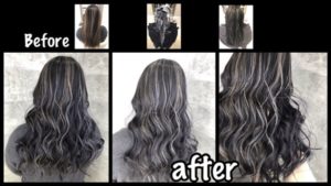 大阪で白髪染めと白いハイライトで濃厚グレーの外国人風カラー【ちえみさん】の髪