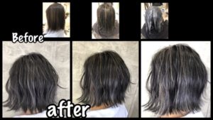 大阪で白いハイライトと濃厚グレーの外国人風カラー【ひとみさん】の髪