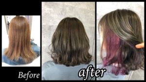 カーキ色を大阪で再現！ポイントインナーカラーのピンクも可愛い！【かえでさん】の髪