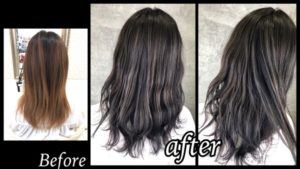 大阪豊中でバレイヤージュの土台を活かした透明感グレージュ【ゆりさん】の髪