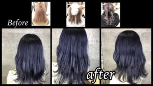 大阪府豊中でネイビーラベンダーな暗髪は退色すると赤味のないハイトーンに戻るお洒落カラー【ゆいさん】の髪
