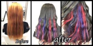 大阪豊中でレッドとブルーのユニコーンインナーカラーとグレーのデザインカラー【りなさん】の髪