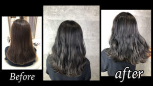 大阪豊中でネイビーグレージュで再現する新感覚外国人風カラーの透明感！【あやなさん】の髪