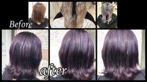 大阪豊中でブリーチからの濃厚なラベンダーカラーにする為のプロセス【なおみさん】の髪