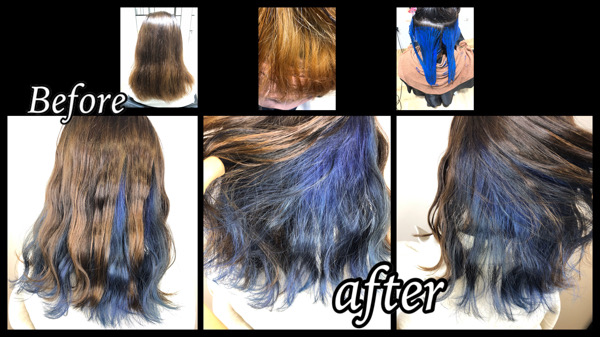 大阪豊中でインナーカラーのブルーをお洒落に染める為のプロセス【みずほさん】の髪