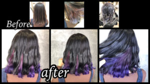 大阪豊中でインナーカラーのラベンダーと濃厚ラベンダーカラーのお洒落なデザインカラー【いくみさん】の髪