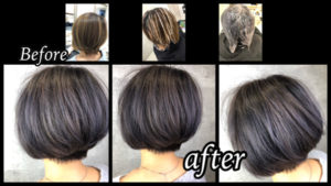 大阪豊中で白髪を染めながら外国人風カラーに！ラベンダーグレーでお洒落なヘアカラー【まゆみさん】の髪