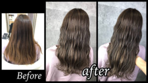 大阪豊中でスモークミルクグレージュを暗くしないでまろやかな外国人風カラー【まゆさん】の髪