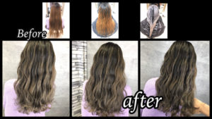 大阪豊中でミルクティーグレージュをバレイヤージュブリーチで再現する外国人風カラー【はるかさん】の髪