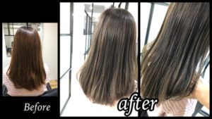 大阪豊中カラトリでダブルカラーで赤味のないスモークミルクグレージュで透明感抜群が外国人風カラー【あやなさん】の髪