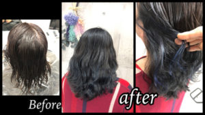 大阪豊中で白髪を染めながらネイビーアッシュとさりげなくもみあげカラーでブルーが可愛い【なおみさん】の髪