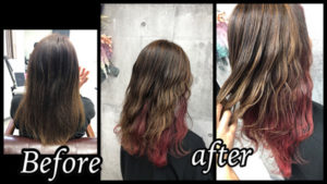 大阪豊中でレッドのインナーカラーとハイライトミルクベージュのデザインカラー【りえさん】の髪