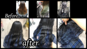 大阪豊中で濃厚グレーとインナーカラーブルーがお洒落なデザインカラーが人気【みさとさん】の髪