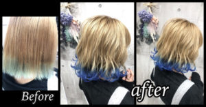 大阪豊中でホワイトグレージュと裾カラーブルーのお洒落過ぎるデザインカラー【あんなさん】の髪