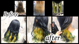 大阪豊中カラトリでネオンイエローのインナーカラーと濃厚グレーがお洒落過ぎるデザインカラー【りゆさん】の髪