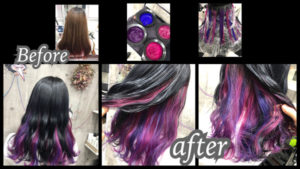 大阪豊中カラトリでピンクとラベンダーのオーロラインナーカラーでお洒落なデザインカラー【ゆきこさん】の髪