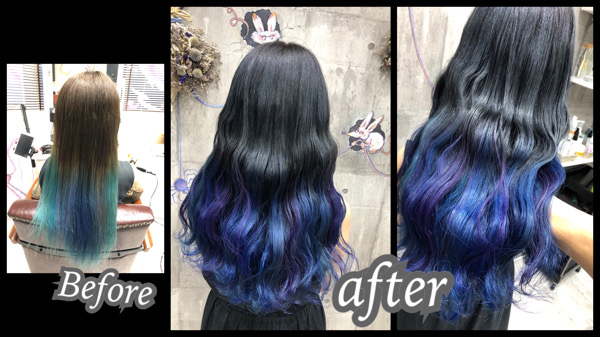 大阪豊中カラトリでブルーとパープルのお洒落なデザイングラデーションカラーが可愛い【ひなたさん】の髪