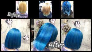 大阪豊中カラトリで鮮やかネイビーブルーはハイブリーチとカラートリートメントで作るデザインカラー【あんなさん】の髪