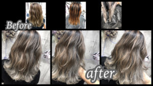 大阪豊中カラトリで白髪を染めながらホワイトシルバーのバレイヤージュでお洒落な外国人風カラー【ちえさん】の髪