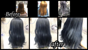 大阪豊中カラトリでブリーチからの濃厚なブルーラベンダーで退色も綺麗な透明感カラーが人気【ゆりさん】の髪