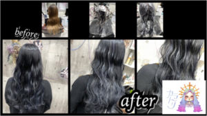 大阪豊中カラトリで白髪を染めながらホワイト系ハイライトと濃厚グレーのお洒落外国人風カラー【えみこさん】の髪