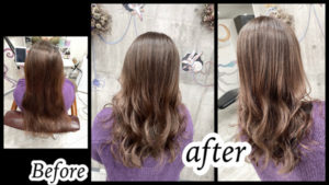 大阪豊中カラトリで白髪染めをブリーチなしのダブルカラーで明るくお洒落に染める【りかこさん】の髪