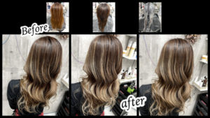 大阪豊中カラトリで白髪を染めながらハイライトで赤み抹殺する積み重ねカラー【まいさん】の髪