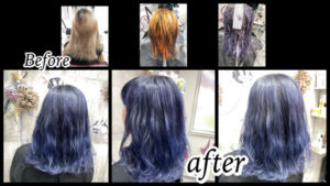 大阪豊中カラトリでブルーラベンダーをブリーチ履歴３回の髪の毛に濃厚に染めた【めぐみさん】の髪
